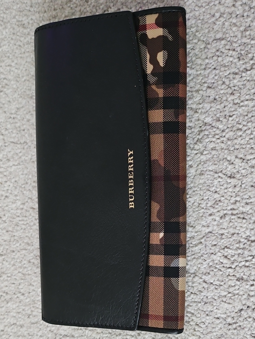 Burberry Black Leather Wallet with Beige & Brown Check Trim